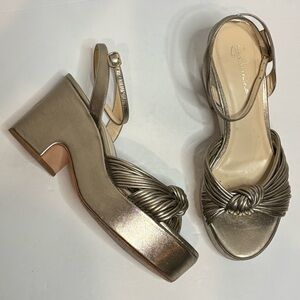 Guilhermina Metallic Leather Knotted Ankle Strap Platform Block Heel 10